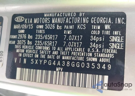 2016 Kia Sorento Lx/L из США, поврежденный, VIN 5XYPG4A38GG035349